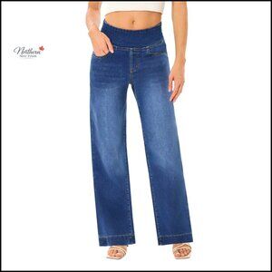 High Waist Pull On Wide Leg Jeans Tummy Control Stretchy Pants with Pockets